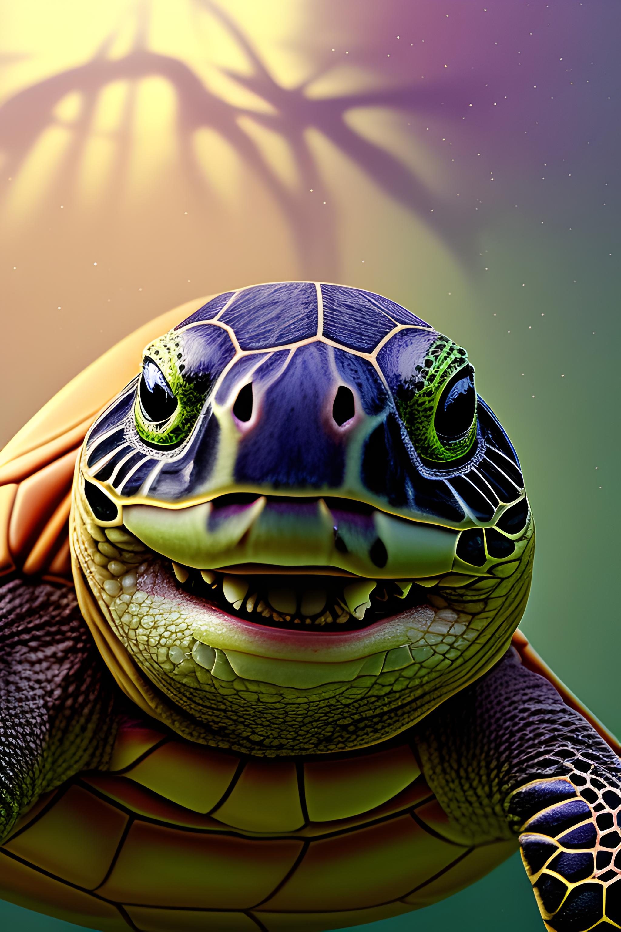 Same turtle as reference, head fully upside down entering frame close to camera — dynamic playful c…